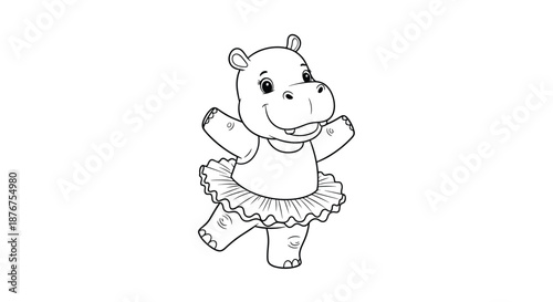 Adorable cartoon hippo ballerina wearing a tutu, happily dancing on its toes in a cute black and white line art illustration.