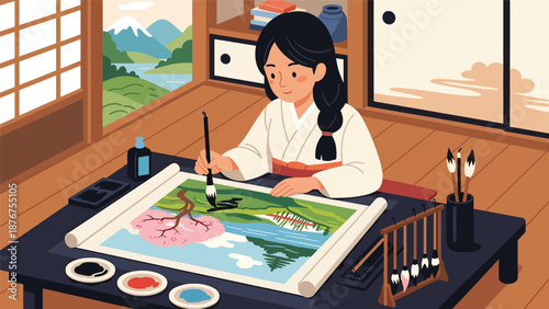 Vector illustration of a Japanese woman painting traditional art with brush and ink, creative cultural hobby and heritage activity