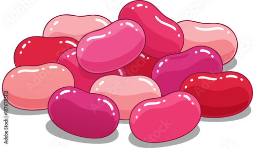 Heap of glossy pink and red jelly beans, isolated illustration.