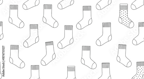 Seamless black and white pattern of hand-drawn socks with various simple designs, perfect for textile prints or background designs.