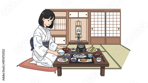 Flat vector illustration of a Japanese woman arranging a traditional meal on a low table, cultural dining preparation and lifestyle ritual