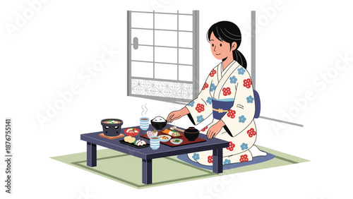 Flat vector illustration of a Japanese woman arranging a traditional meal on a low table, cultural dining preparation and lifestyle ritual