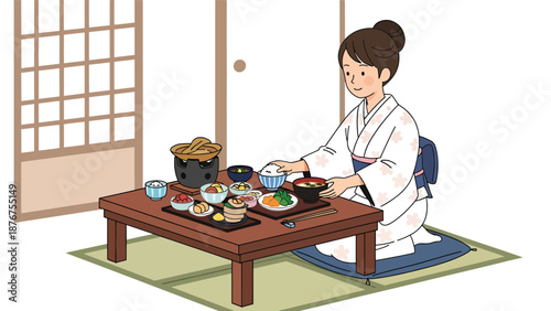 Flat vector illustration of a Japanese woman arranging a traditional meal on a low table, cultural dining preparation and lifestyle ritual