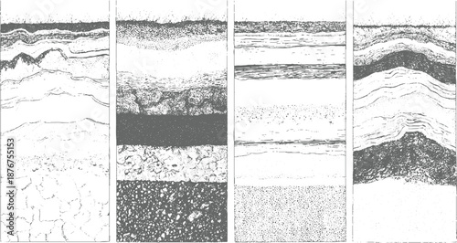 Diverse geological cross-sections featuring distinct soil layers rock textures and cracked earth patterns in a monochromatic illustrative style