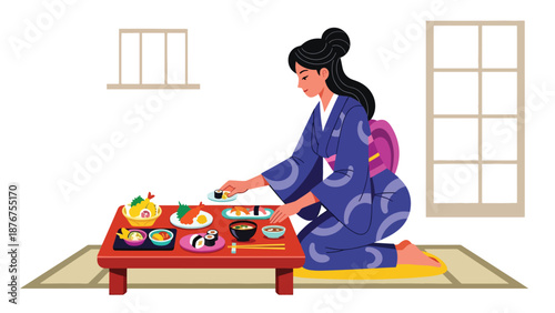 Flat vector illustration of a Japanese woman arranging a traditional meal on a low table, cultural dining preparation and lifestyle ritual