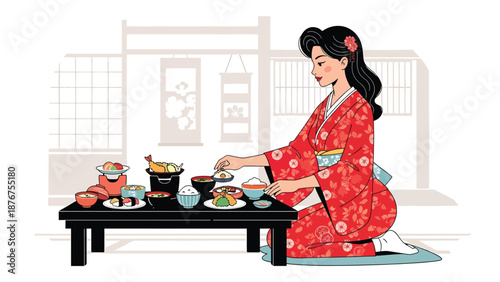 Flat vector illustration of a Japanese woman arranging a traditional meal on a low table, cultural dining preparation and lifestyle ritual