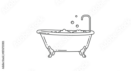 Simple line drawing of a vintage clawfoot bathtub filled with water and soap bubbles, representing relaxation and hygiene in the bathroom.
