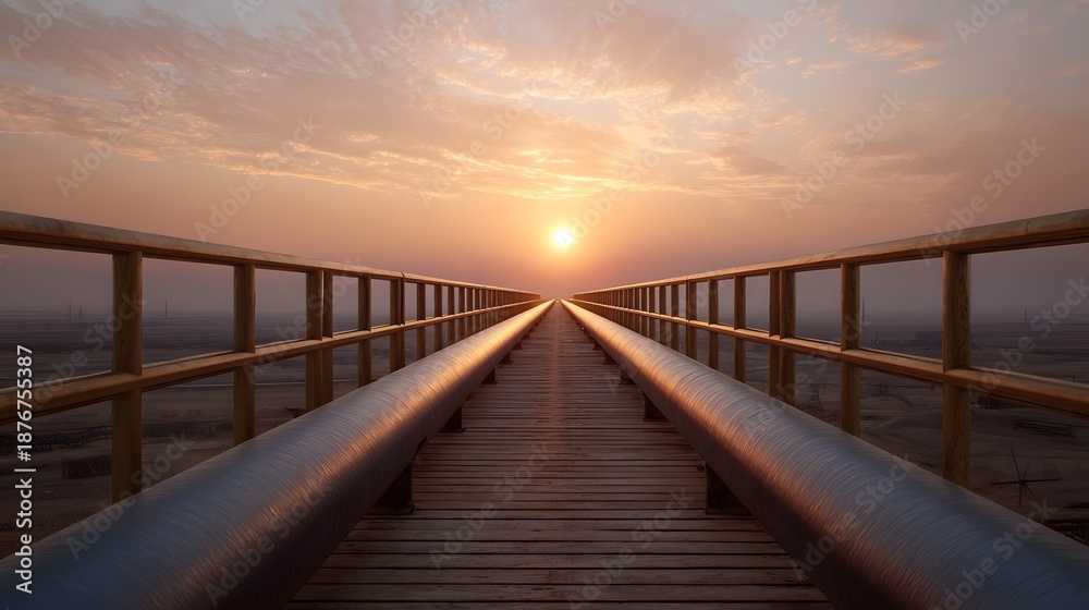 Fototapeta premium A long industrial pipeline stretches towards a dramatic sunset over an arid landscape symbolizing energy transport and progress