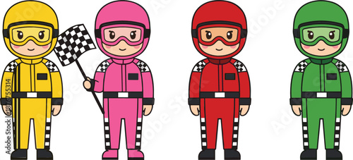 Cute racing drivers team wearing colorful suits and helmets flat vector illustration for motorsport kids design