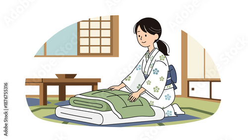 Flat vector illustration of a Japanese woman arranging bedding in a tatami room, traditional domestic lifestyle activity