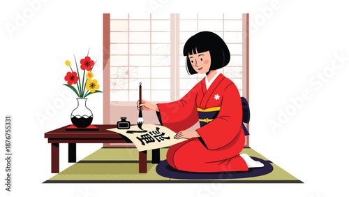 Flat vector illustration of a Japanese woman writing with brush and ink, traditional communication art and cultural lifestyle practice