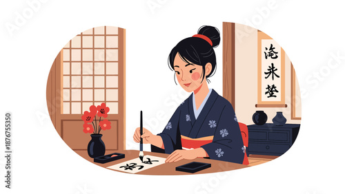 Flat vector illustration of a Japanese woman writing with brush and ink, traditional communication art and cultural lifestyle practice