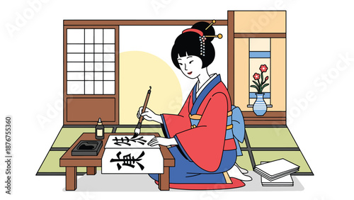 Flat vector illustration of a Japanese woman writing with brush and ink, traditional communication art and cultural lifestyle practice