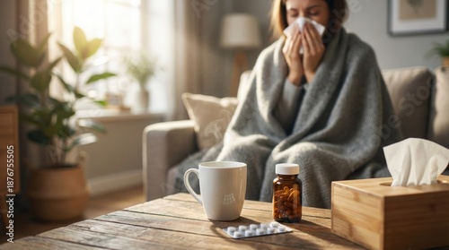 Sick woman at home under blanket with hot tea and medicine,cold flu treatment and self-care concept in cozy living room