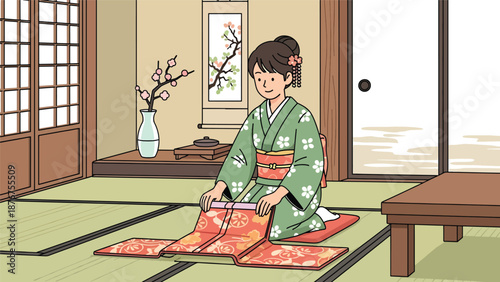 Flat vector illustration of a Japanese woman folding fabric carefully, traditional textile care and cultural lifestyle activity
