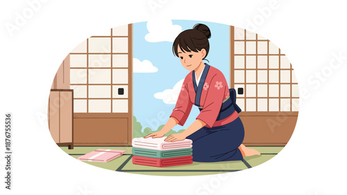Flat vector illustration of a Japanese woman folding fabric carefully, traditional textile care and cultural lifestyle activity