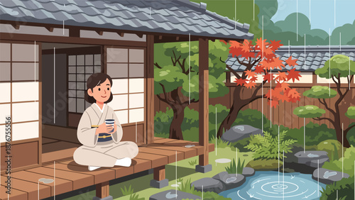 Vector illustration of a Japanese woman sitting on a veranda enjoying rain, peaceful traditional lifestyle moment
