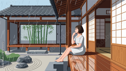 Vector illustration of a Japanese woman sitting on a veranda enjoying rain, peaceful traditional lifestyle moment