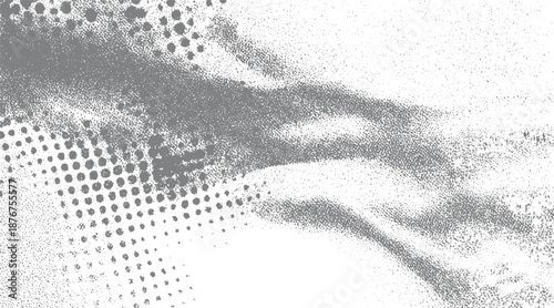 Abstract grayscale texture with halftone dots and granular speckles creating a dynamic visual flow and subtle depth effect