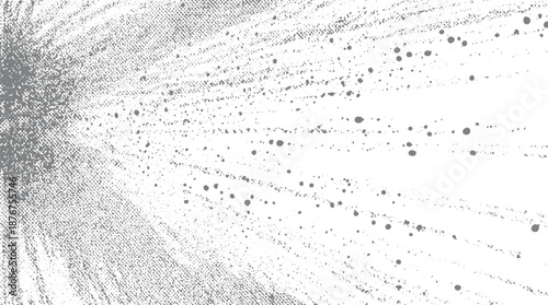 Grayscale abstract with a strong radial pattern of fine lines and scattered dots creating a sense of depth and expansion