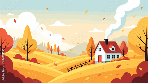 Cozy autumn house in countryside landscape Autumn.
