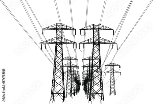 Rows of tall electricity pylons with power lines against a white background transmission tower high voltage
