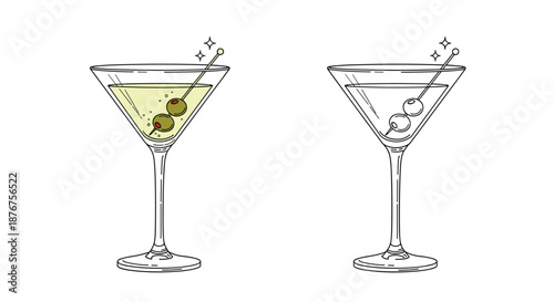 Classic martini glass filled with a light green drink and olives alongside a matching simple black and white outline illustration.