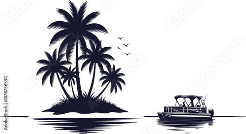 Minimal Tropical Island Silhouette with Pontoon Boat.