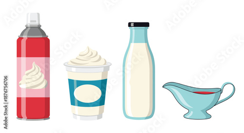 Selection of various dairy items including a can of whipped cream a cup of yogurt a bottle of milk and a gravy boat with red sauce.
