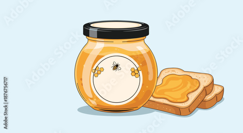Delicious breakfast scene featuring a glass jar of pure honey with a bee label next to two slices of toasted bread with honey spread on top.