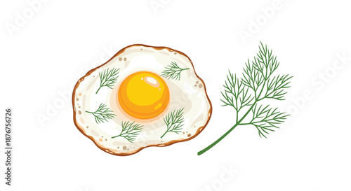 Simple breakfast illustration of a perfectly fried sunny side up egg garnished with fresh green dill sprigs on a white background.