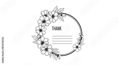 Elegant black and white floral wreath frame with the word thank you and horizontal lines for writing a personalized message or note.