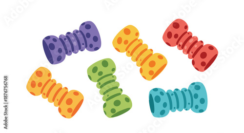 Collection of six colorful rubber dog chew toys in various shades like purple yellow red and teal featuring a fun polka dot pattern.