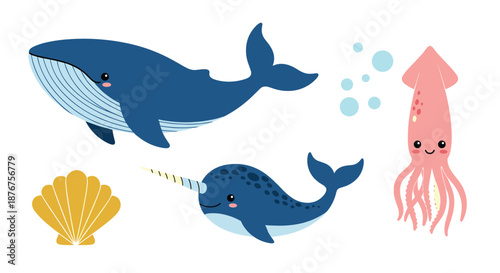 Cute ocean life illustration set featuring a blue whale a narwhal with a tusk a pink squid a yellow seashell and floating blue bubbles.