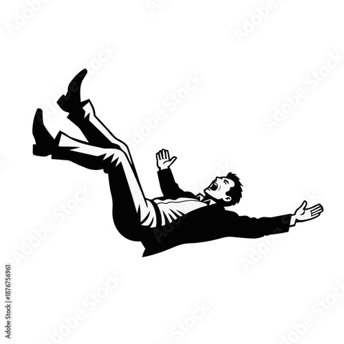 Desperate Businessman Falling Backward in Total Panic with Arms Flailing – Powerful Symbol of Complete Loss of Control and Sudden Catastrophe