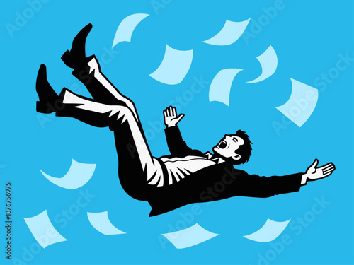 Desperate Businessman in Freefall with Arms Flailing and Papers Flying – Representation of Total Burnout and Catastrophic Mistake