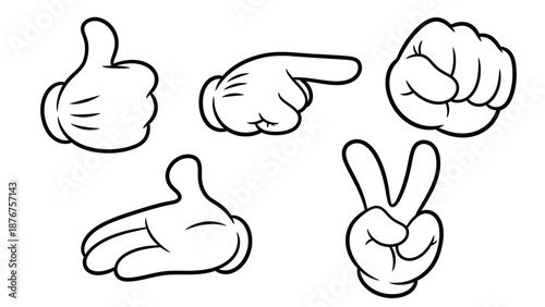 Set of Cartoon Hands in White Gloves Showing Various Gestures on Isolated White Background