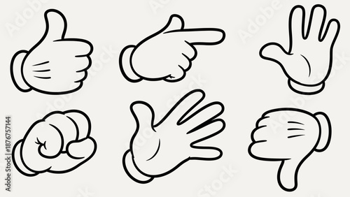Monochrome Outline Cartoon Hand Gestures Set with Thumbs Up, Pointing, and Thumbs Down on light grey background