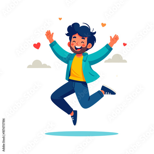 Joyful Young Man with Beard Jumps Happily with Raised Arms