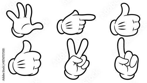 Collection of Cartoon Hand Gestures Showing Thumbs Up, Peace Sign, and Pointing on Light Beige Background