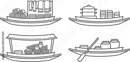 Floating market vendor boat with fruits vector illustration