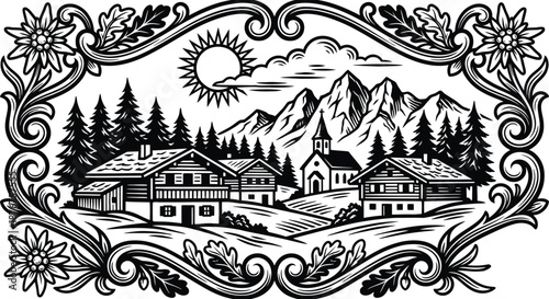 Alpine village wood carving pattern vector illustration