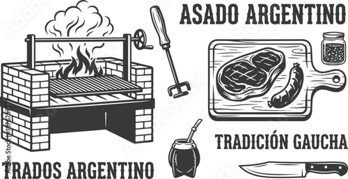 Argentinian steakhouse parrilla grill vector elements set
