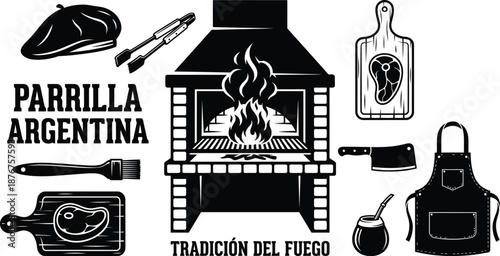 Argentinian steakhouse parrilla grill vector elements set