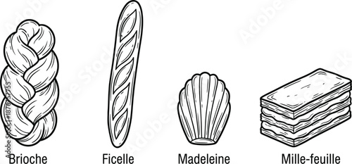 Bakery bread and pastry line art vector collection