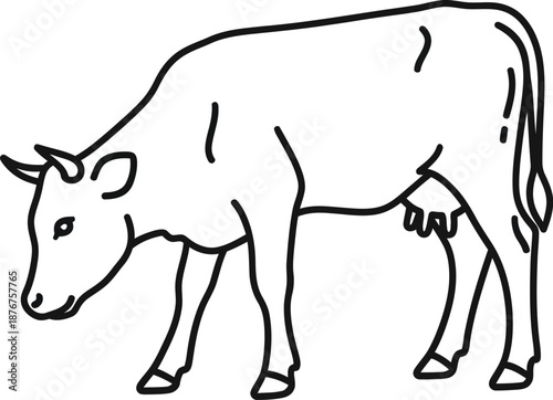 A black and white line drawing of a cow standing still