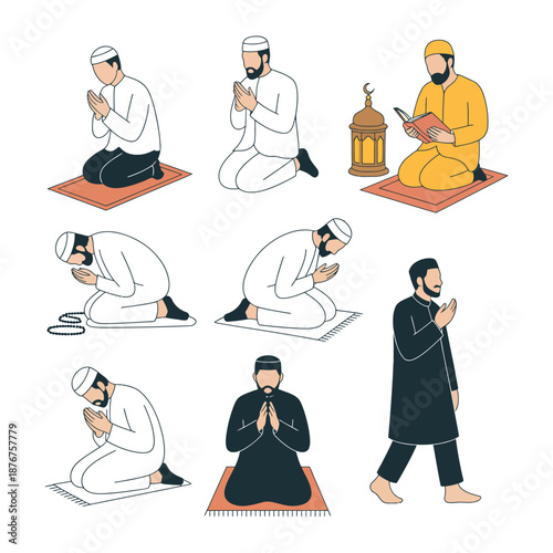 Canvas-taulu Devout Prayers: A collection of illustrations depicting a group of individuals in various postures of Islamic prayer, emphasizing spiritual devotion and reverence