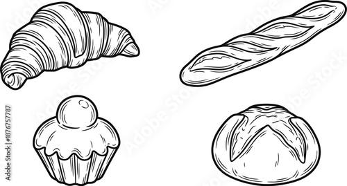 Bakery bread and pastry line art vector collection