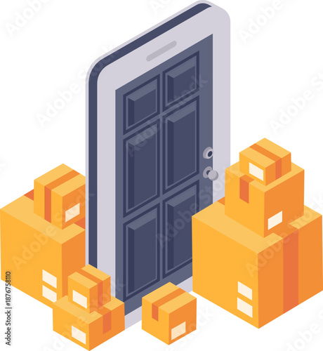 Online shopping delivery parcels arriving at smartphone door