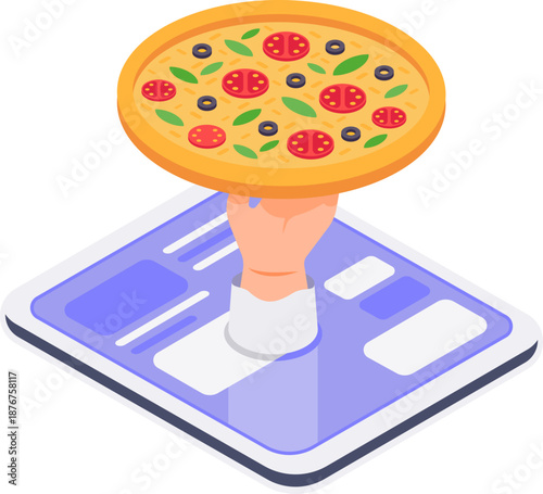 Hand serving pizza emerging from tablet online ordering